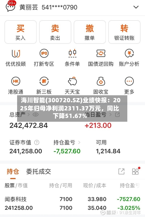 海川智能(300720.SZ)业绩快报：2025年归母净利润2311.37万元	，同比下降51.67%-第1张图片